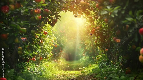 fantasy apple trees garden with natural arch entrance. seamless looping overlay 4k virtual video animation background photo