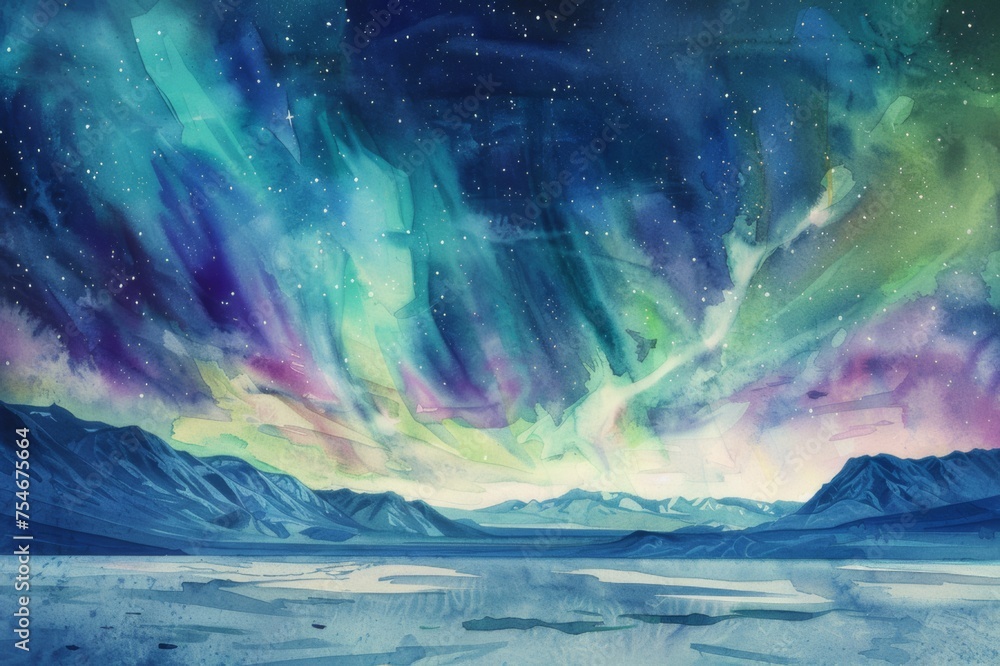 A dreamy watercolor depicting the Northern Lights. It showcases vibrant shades of green and purple in the night sky.