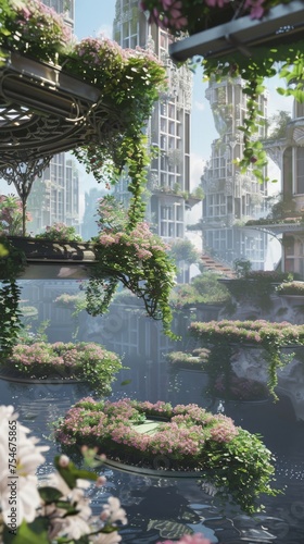 Spring Skyline Gardens Background the lush vibrant gardens floating against a backdrop of clear spring skies - Floating islands of greenery blossoming flowers created with Generative AI Technology