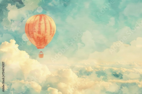 Watercolor illustration of a hot air balloon floating in the sky.