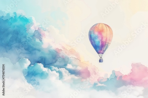 Watercolor illustration of a hot air balloon floating in the sky.