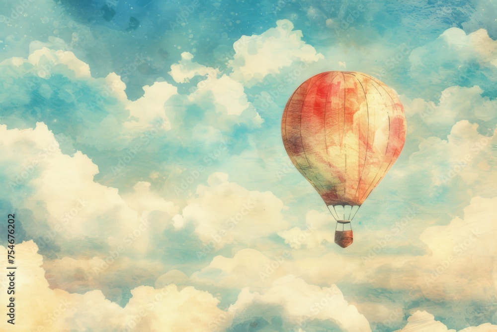 Fototapeta premium Watercolor illustration of a hot air balloon floating in the sky.