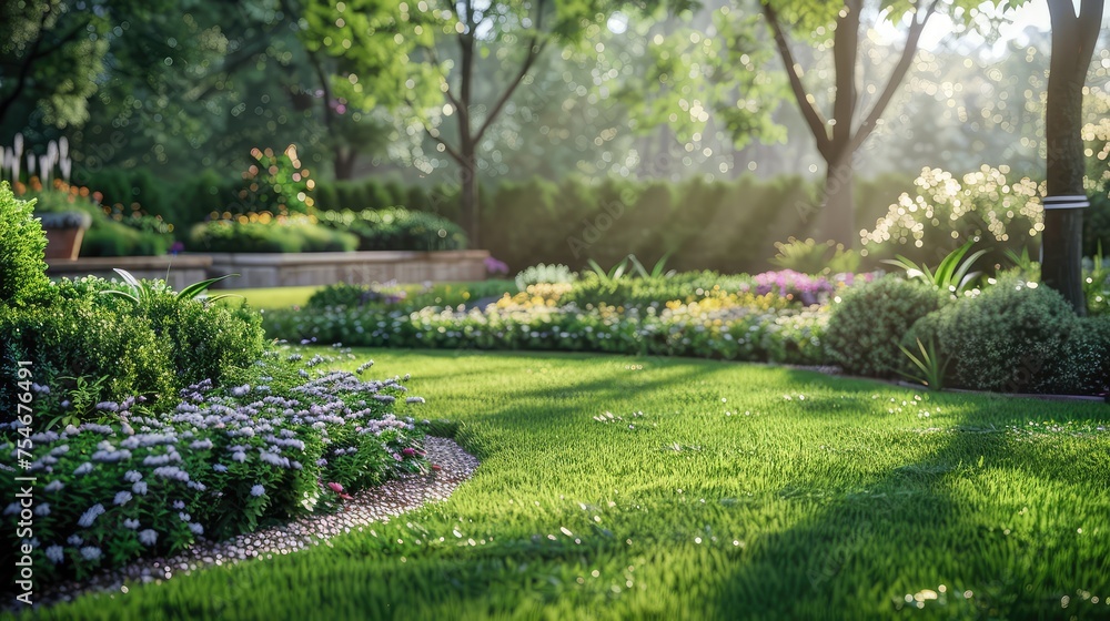 Lawn Care, Show environmentally friendly lawn care practices such as using native plants, organic fertilizers, and rainwater harvesting systems