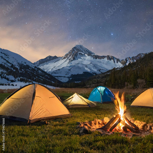 Camping: Setting up tents and spending time in the wilderness, often involving activities like cooking outdoors and star-gazing.