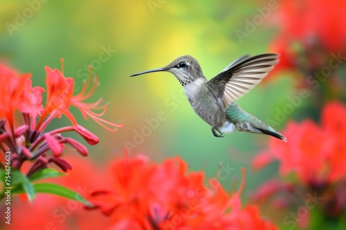 A hummingbird hovers over a bright red flower.