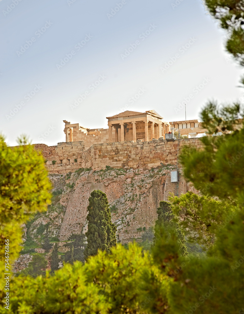 Athens, location and holiday for trip, travel and outdoor in history landmark in Europe in summer. Medieval, outside and environment for scenic, bridge and stone monument in nature, tree and forest