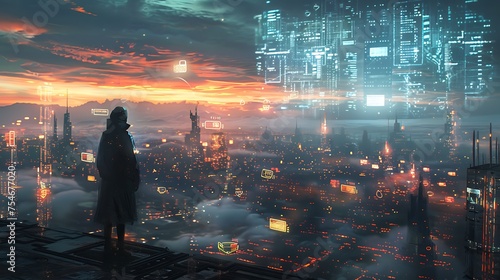 A man stands on a rooftop looking out over a city with a glowing skyline