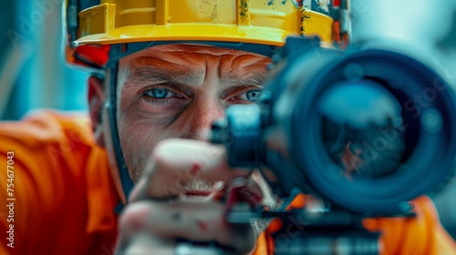 Engineers eye through a theodolite lens