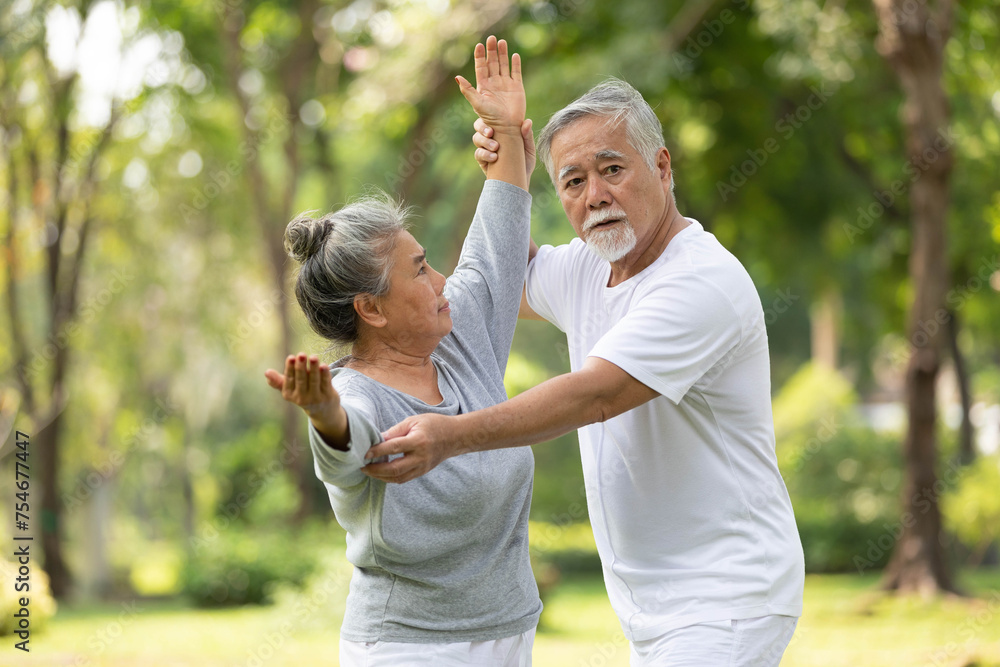 Obraz premium senior couple stretching before exercise and doing yoga in the park