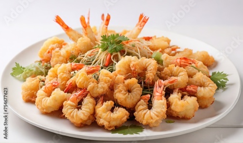 Japanese Cuisine delicious fried tempura shrimp in white plate on a white background