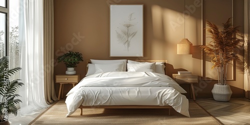 Cozy and elegant bedroom with big bed, nice bedclothes, wooden bedside tables and with warm light
