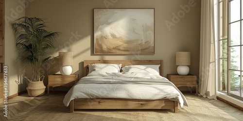 Cozy and elegant bedroom with big bed, nice bedclothes, wooden bedside tables and with warm light © Interior Stock Photo