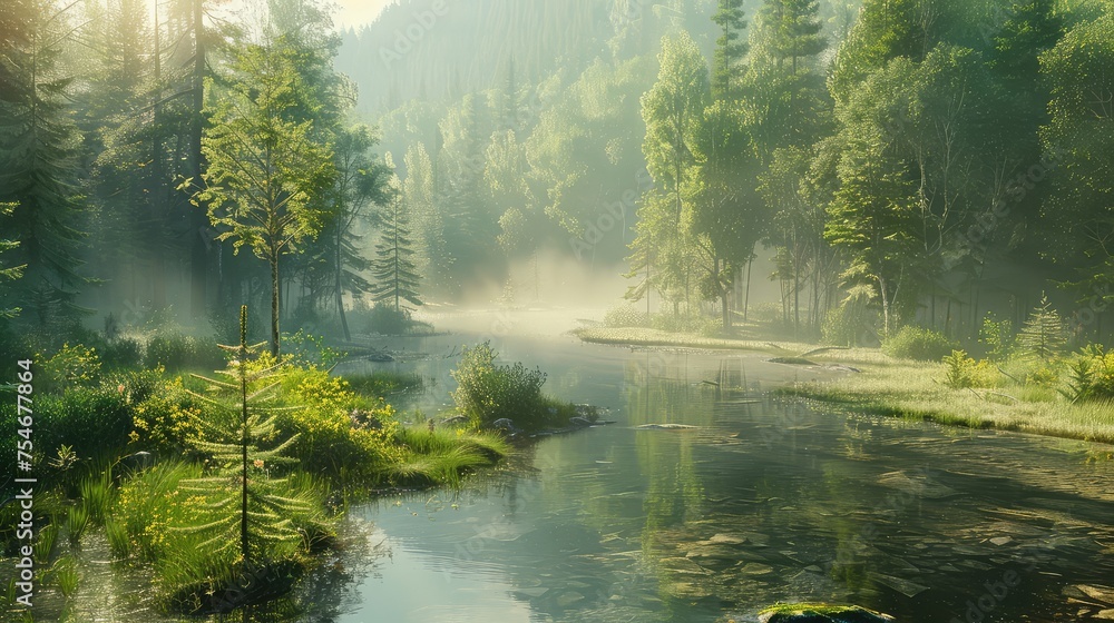 Capture the tranquility and serenity of natural landscapes, from misty forests to sun-drenched meadows, providing a calming backdrop for various environmental messages Capture the tranquility and serenity of natural landscapes, from misty forests to sun-drenched meadows, providing a calming backdrop for various environmental messages