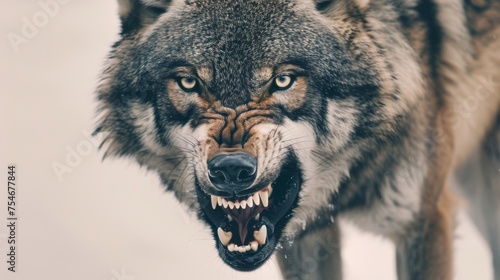 Aggressive Wolf with Piercing Gaze in Macro Close-Up