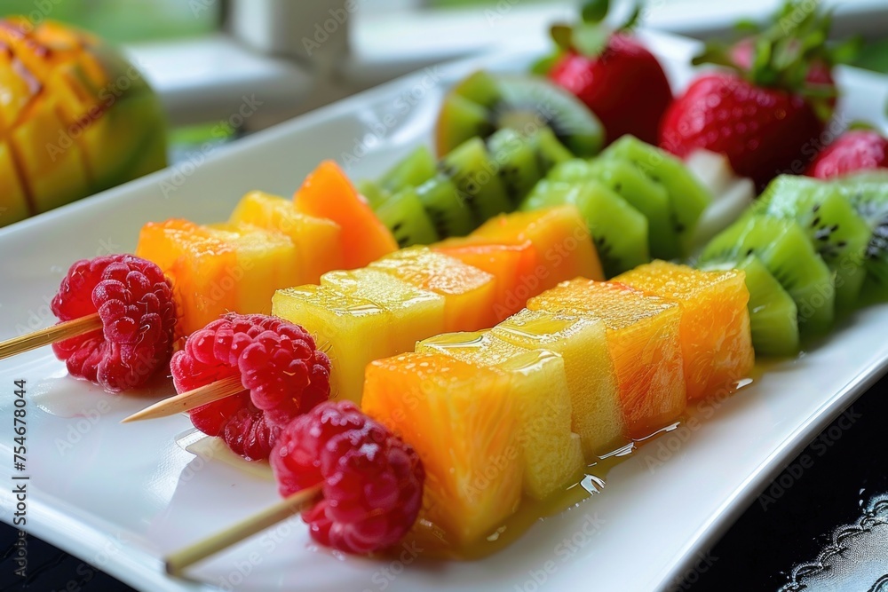 Tropical fruit skewers tropical meal background. Summer food background Tropical fruit skewers tropical meal background. Summer food background