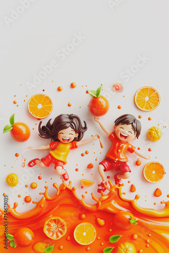 plasticine 3d kids jumping splashing in a multi fruit vitamins juice.white background .banner  