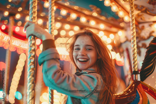 A happy young white little girl expressing excitement while on a colorful carousel © Kien