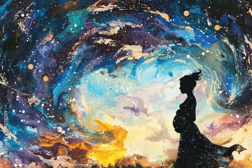 An artistic interpretation of a pregnant woman's silhouette against a backdrop of swirling galaxies and stars, her hands cradling her belly in a gesture of cosmic connection