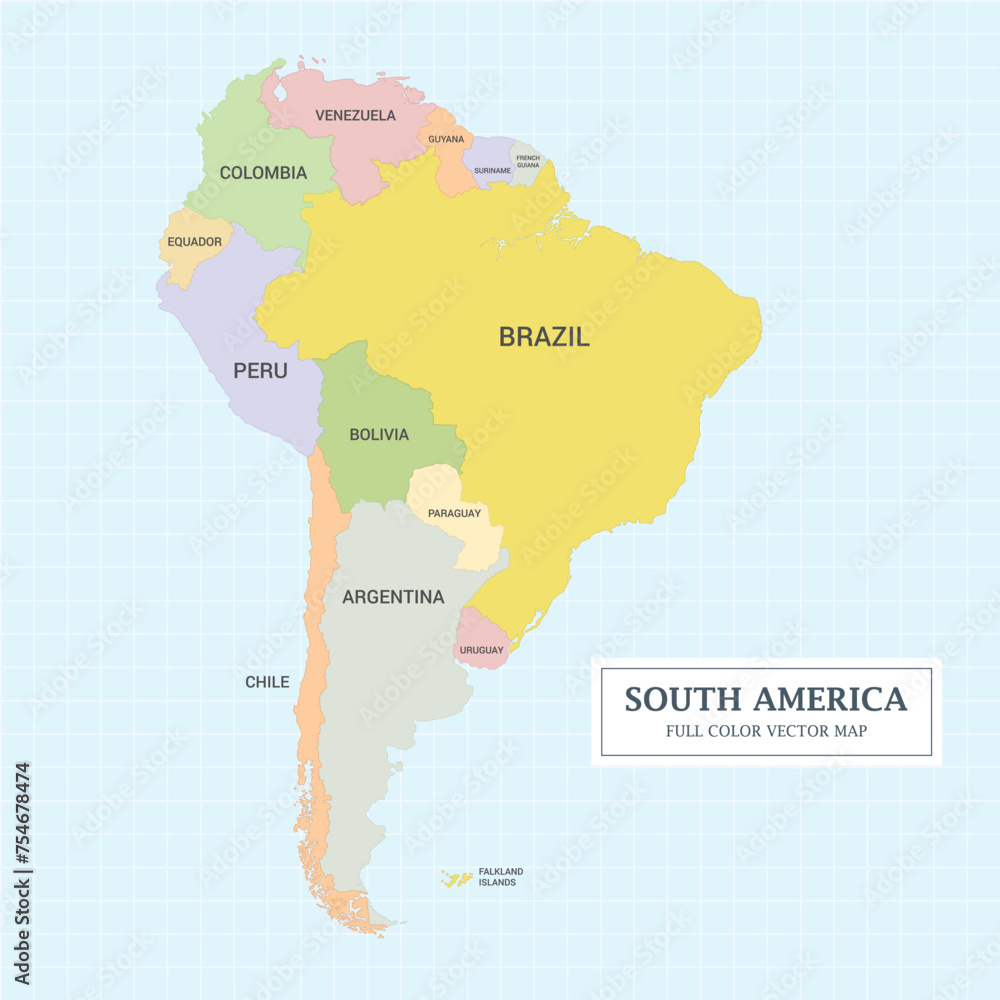 South America Full Color Vector Map. Separated layer easily editable.