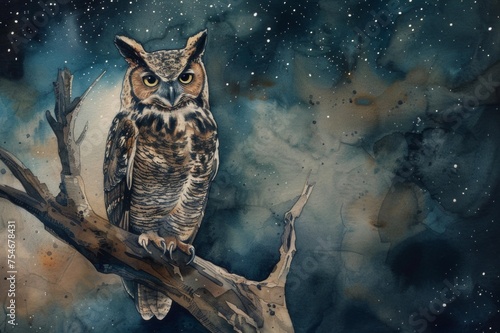 Watercolor painting of an owl perched on a branch at a starry night.