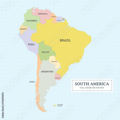 South America Full Color Vector Map. Separated layer easily editable.