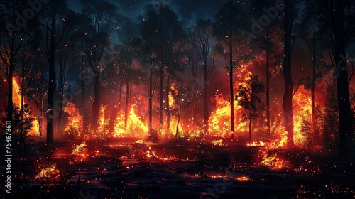  Forest Fire Disaster Illustration: Trees Burning at Night, AI-Generated