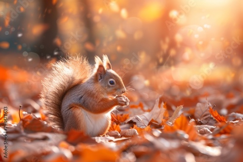 Squirrels gnaw on nuts amidst the changing leaves. © wpw