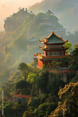 A traditional buddhis temple on top of a mountain © grey