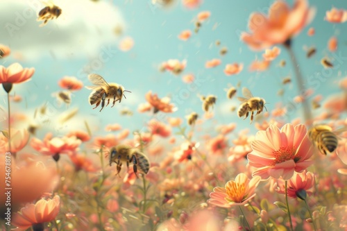 Bees are pollinating flowers in the spring. © wpw