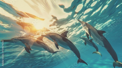 Stunning Sunset Landscape with Playful Dolphins © AnimalAI