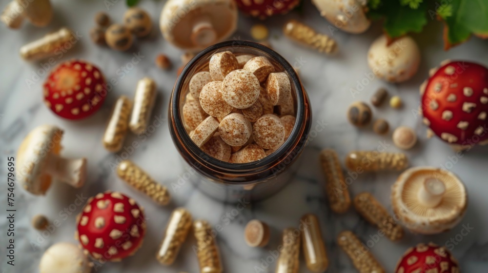 Glass jar filled with capsule supplements, surrounded by fly agaric mushrooms on a rustic backdrop, natural vitamins Glass jar filled with capsule supplements, surrounded by fly agaric mushrooms on a rustic backdrop, natural vitamins