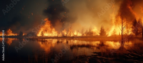 A dangerous wildfire burns fiercely in a forest next to a body of water, engulfing dry grass and reeds along the lake. The fire is causing ecological devastation, destroying all life in its path