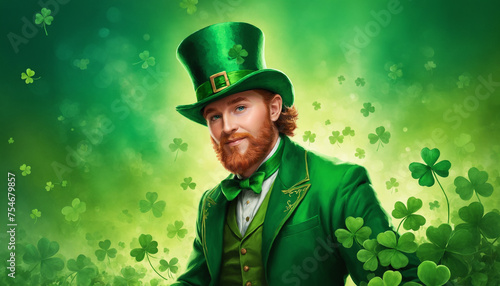 A man leprechaun wearing a green hat, on a green background with a shamrock. St. Patrick's Day celebrations background with copy space