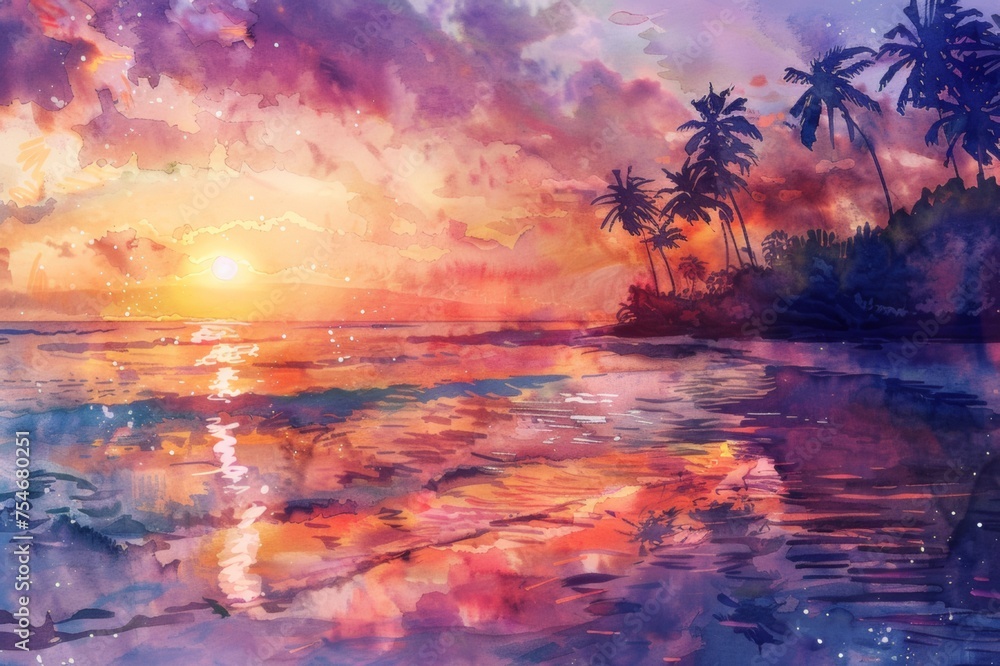 Watercolor image of a tranquil beach at sunset.