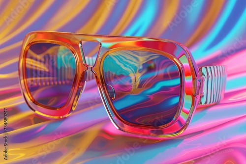Retro oversized sunglasses with a psychedelic multicolor frame, reflecting a groovy 70s disco scene in their mirrored lenses. 8k