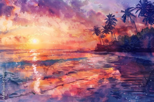Watercolor image of a tranquil beach at sunset. © wpw