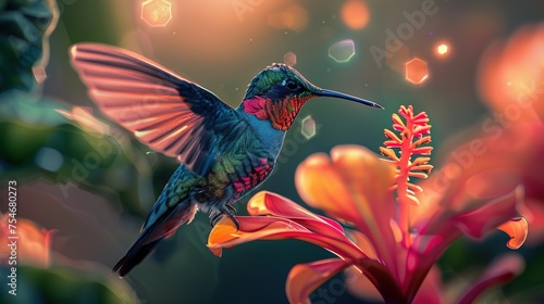  Exotic Colibri Hummingbird on a Flower in a Tropical Garden, AI-Generated