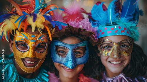 Three children wearing colorful masks and feathers are smiling for the camera