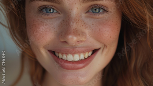 A woman with red hair and blue eyes is smiling