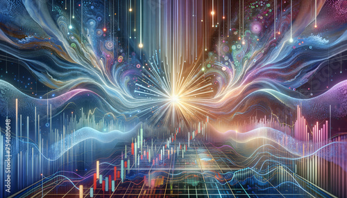 Tranquil Day Trading: Serene digital disintegration of stock market chart with rhythmic patterns.