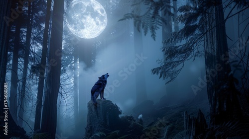 Mysterious Lone Wolf Howling in Moonlit Forest