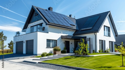 Modern house with solar panels on the roof on a sunny day © olz
