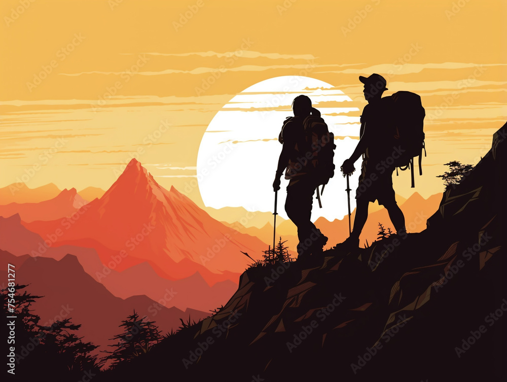 Silhouette of a group of hikers climbing a mountain with a beautiful view of the mountains as a background.