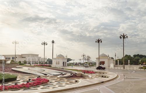 View from the window of a tourist bus on the presidential palace - Qasr Al Watan in Abu Dhabi city, United Arab Emirates photo