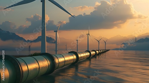 Um oleoduto de hidrogênio com turbinas eólicas e no fundo o conceito de produção de hidrogênio verde
 photo