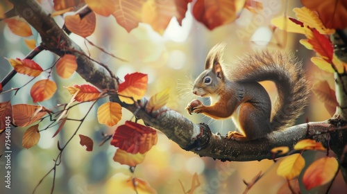 Cute Squirrel Eating Nut on Autumn Tree Branch