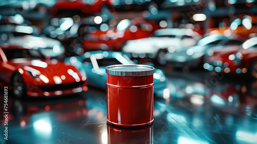 A red container with a silver cap stands out on a reflective floor with luxury cars softened in the background photo