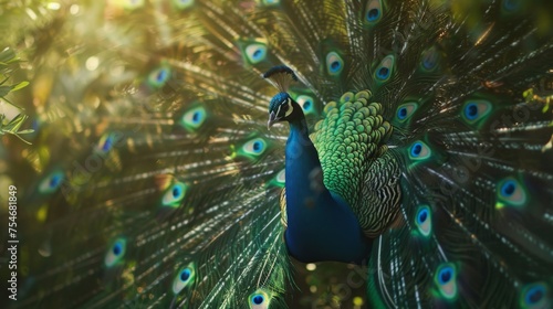 Graceful Peacock in Sunlit Garden - Macro Top-down View.