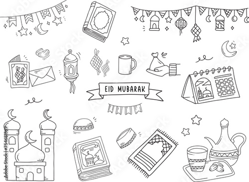 Set of vector doodle element related to Ramadhan and Eid. Used for sticker, poster, card, etc