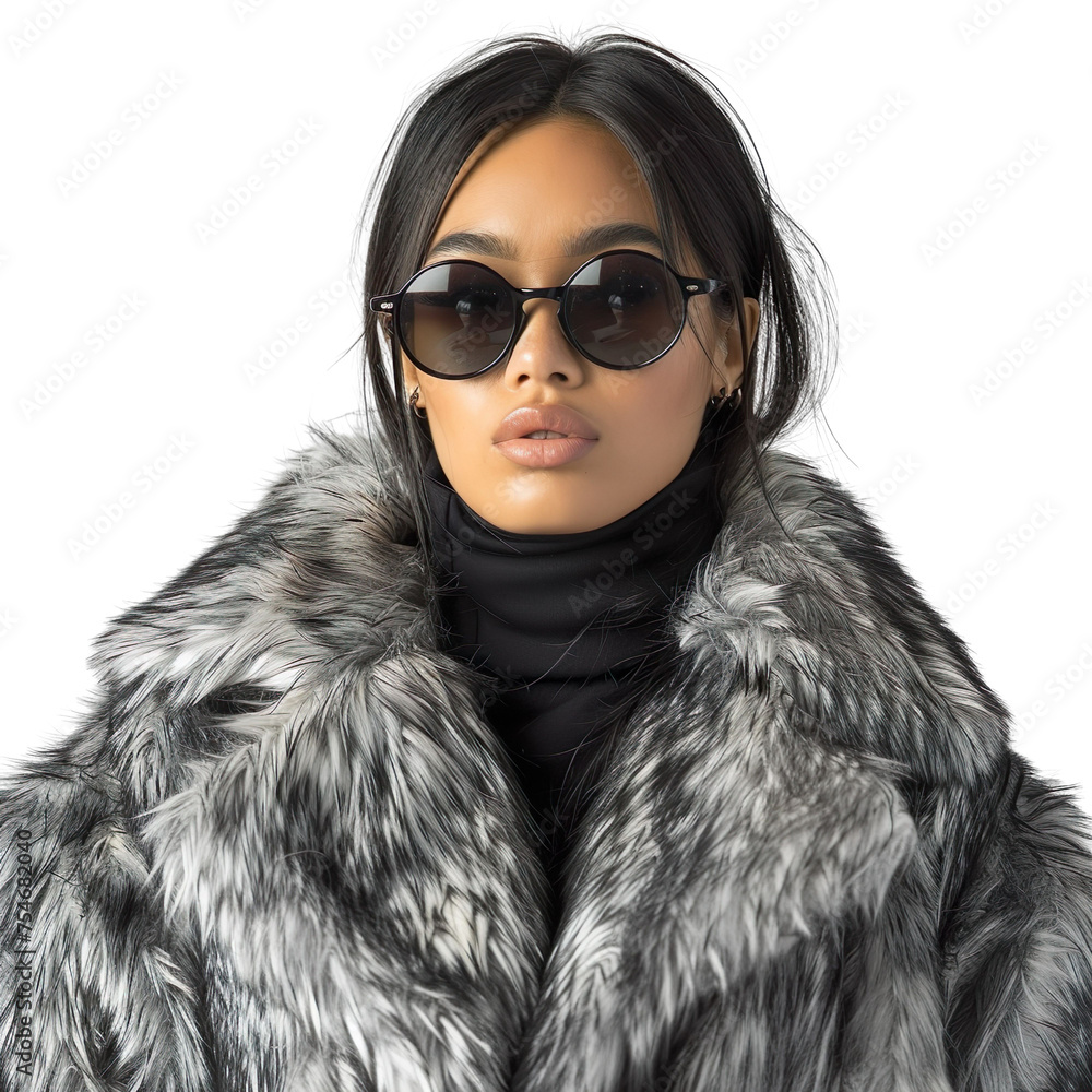 front view mid body shot of extremely beautiful female Latin model wearing a faux fur coat with sunglasses on a white transparent background. front view mid body shot of extremely beautiful female Latin model wearing a faux fur coat with sunglasses on a white transparent background.